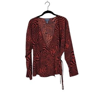 Modcloth Burnt Orange Black Zebra Print Long Sleeve Wrap Blouse Top Size M